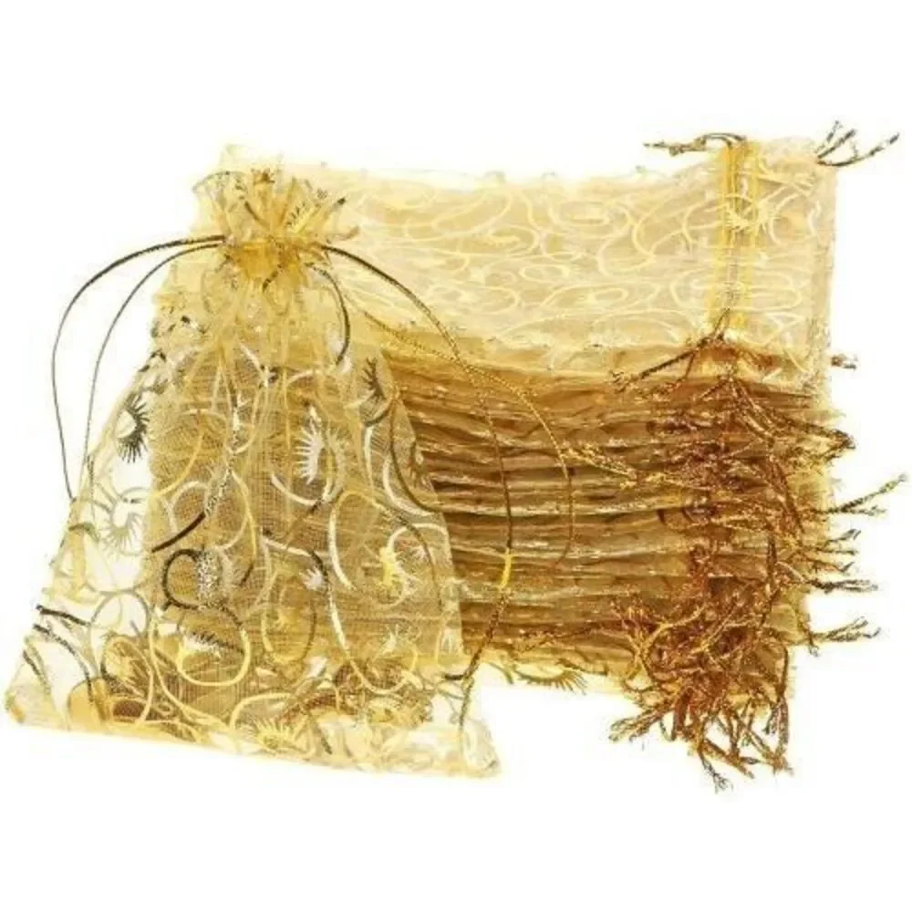 50 PCS Premium Organza Gold Drawstring Bags Wedding Favor Parties Jewlery Gifts